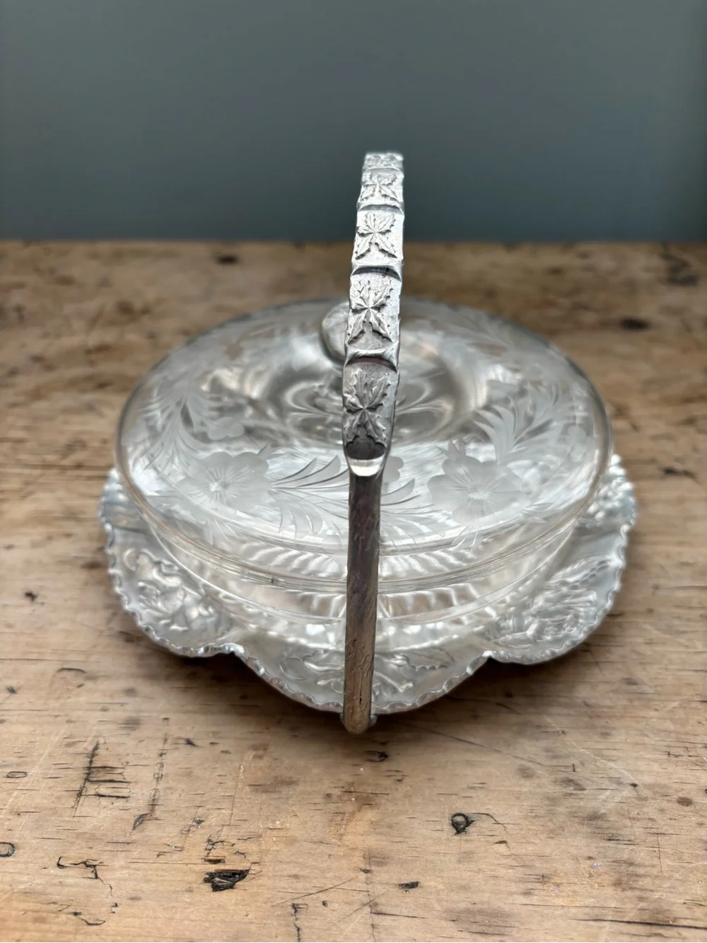 Vintage Hand Wrought Aluminum Handled Basket w/ Clear Etched Glass Covered Dish